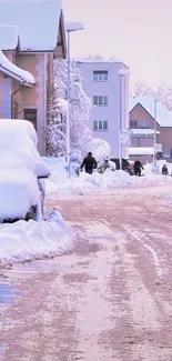 A quiet snowy street scene with houses under a blanket of winter snow.