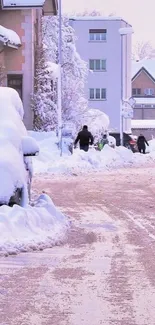 Snowy street scene with pastel colors and serene atmosphere.