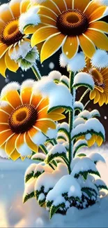 Vibrant sunflowers blanketed in snow, creating a unique winter aesthetic for mobile wallpaper.