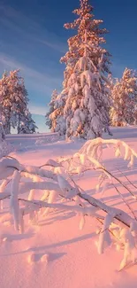 Snowy forest at sunrise with pinkish sky.