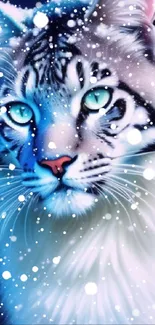 Fantasy art of a snowy tiger with bright blue eyes, perfect for mobile wallpaper.