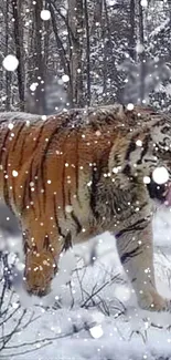 Tiger walking through snowy forest landscape with falling snowflakes.