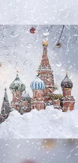 Snowy cathedral with colorful domes in a winter wonderland.