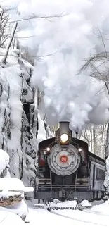 Vintage train in snowy forest with billowing steam and snow-covered trees.