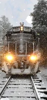 Snowy train on railroad tracks in winter scenery.