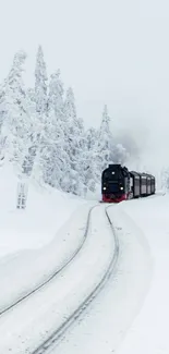 Steam train journeying through a snowy forest landscape.