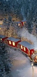 Red train travels through snowy winter forest at night.