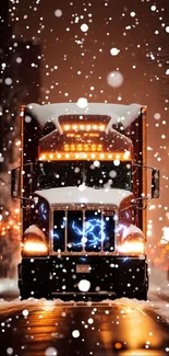 Large truck driving on snowy street at night.