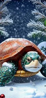 Snow-covered turtle with holiday decorations amidst a winter scene.