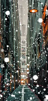 Snowy urban alley with falling snowflakes and city lights.