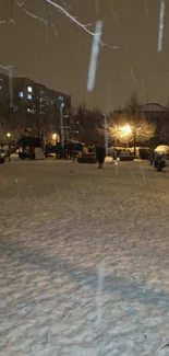 Snowy city park illuminated by streetlights at night.