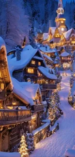 Snowy village with cozy glowing lights at dusk under a clear blue sky.