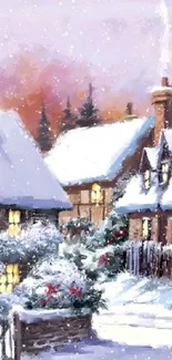 Serene snowy village with cozy cottages and winter scenery.