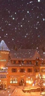 Snowy village at night with warm lights and falling snowflakes.