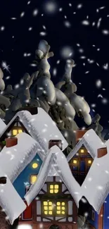 Snowy village at night with lit windows and falling snowflakes.