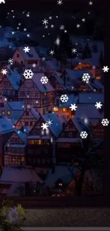 Snowy village night scene with falling snowflakes.