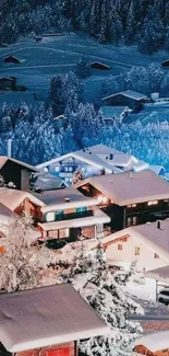 Snowy mountain village with cozy cabins at night.