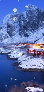 Snowy village set against a mountain under a blue sky with red cabins and snowflakes.