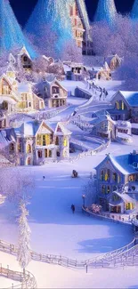 Snowy village wallpaper with winter cottages and frosty trees.