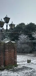 Snow-covered garden with vintage lamps, a serene winter scene.