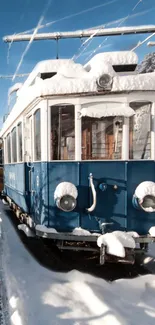 Vintage blue tram covered in snow on a winter day.