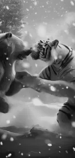 Bear and tiger face-off in snowy forest wallpaper.