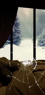 Cracked glass with snowy window scene wallpaper.