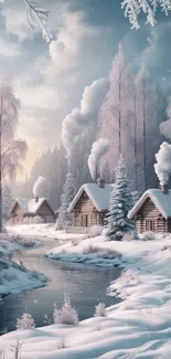 Scenic snowy winter cabin landscape wallpaper.