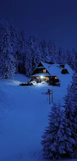 Snow-covered cabin at night in a forest setting.