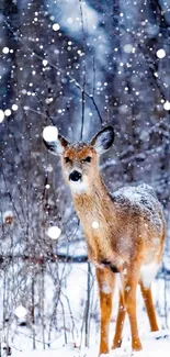 Deer in a snowy forest landscape with falling snow.