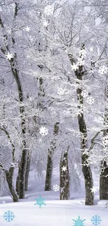 Snow-covered trees in a winter forest with snowflakes gently falling.