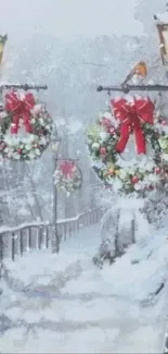 Snowy winter path with lanterns and wreaths.