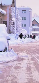 Snow-covered street in a small town, under a clear sky.