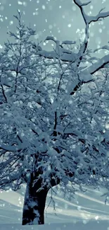 Snow-covered tree with falling snowflakes.