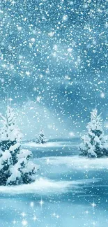 Snowy landscape with trees and sparkling stars in a winter wonderland scene.