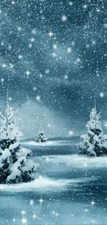 Snowy landscape with frosted trees under a starry sky.