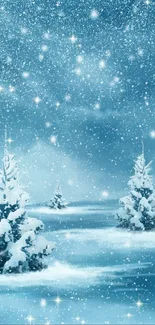 Snowy forest wallpaper with frosty trees and a starlit sky scene.