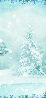 Snowy landscape with cabin and frosted tree in winter.