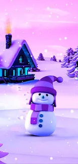 Snowman and cottage in a pink snowy landscape wallpaper.