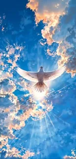 A dove soars through a radiant sunlit sky and clouds.