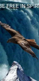 Eagle soaring over a snowy mountain with a dark cyan sky in the background.