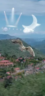 Seagull flying over lush green hills with dreamy sky and moon.