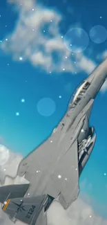 Fighter jet soaring through blue skies with fluffy clouds.