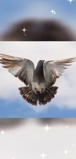 Pigeon soaring in a bright blue sky with stars.