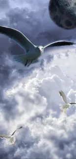 Seagulls flying under a cloudy moonlit sky.