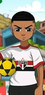 Anime character holding soccer ball with urban backdrop.