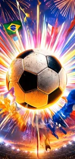 Soccer ball amid colorful fireworks in stadium setting.