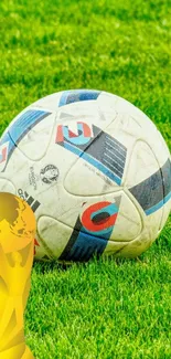 Soccer ball wallpaper with trophy on green grass field.