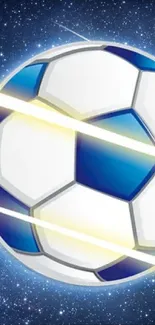 Soccer ball with yellow streaks against a starry space background.