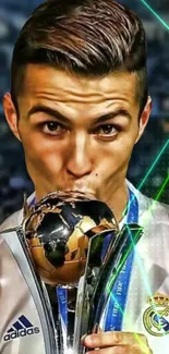 Soccer champion kissing a trophy with vibrant background.